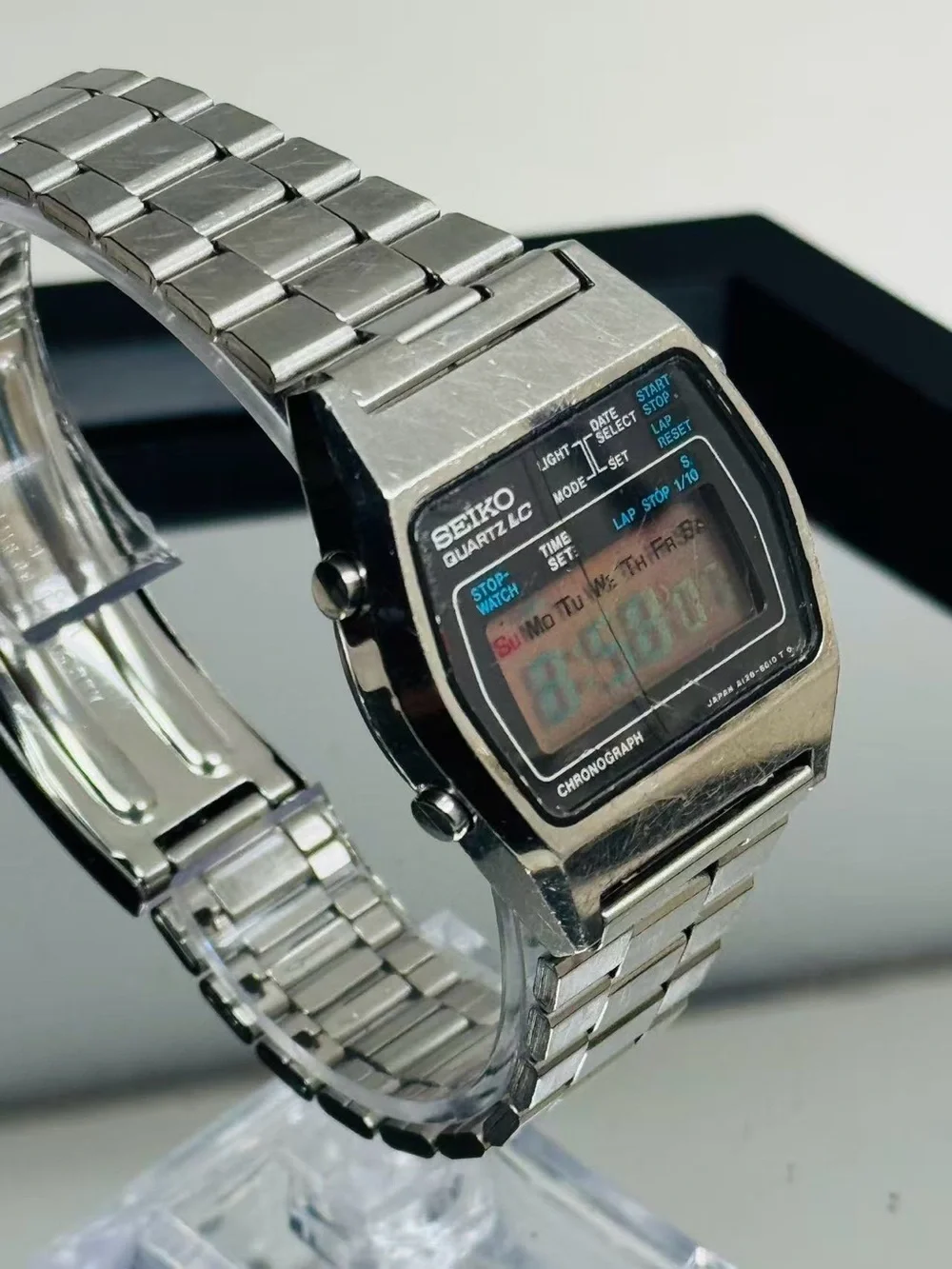 Vintage Seiko Men Quartz LC Digital Chronograph Watch 38mm New Battery Runs